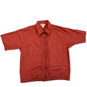 Haband Mens Large Rust Orange Pleated Front Short Sleeve Zip Up Shirt Vintage